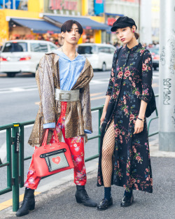 tokyo-fashion:19-year-old Japanese fashion students Manaya and Runa on the street in Harajuku. He’s wearing vintage items from Kinji Harajuku and Faith Tokyo along with Moschino, RRR by Sugar Spot Factory, and Yosuke. She’s wearing a Zara dress with