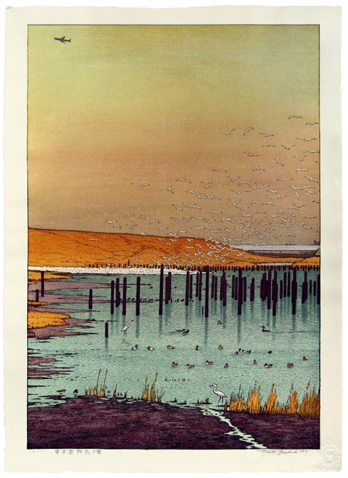 geritsel:Toshi Yoshida - Tokyo Port Wild Bird Park, color woodblock print