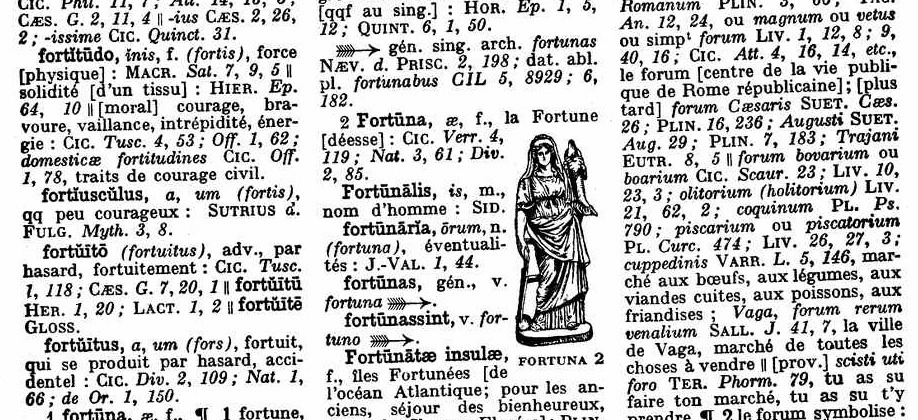 fortĭtūdo
(fortĭtūdo, fortitudinis)
nom féminin III déclinaison
1 puissance physique, vigueur, force
2 courage, bravoure, vaillance, intrépidité, énergie, constance, patience, endurance
3 (des choses) résistance, stabilité, dureté, solidité
4 (au...