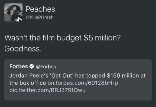 black-to-the-bones:Isn’t that awesome? A movie about racism, about social issues everyone is trying to silence has topped 贶  million at the box office. I’m not only proud of Jordan Peele, i’m also excited about the fact that people have actually