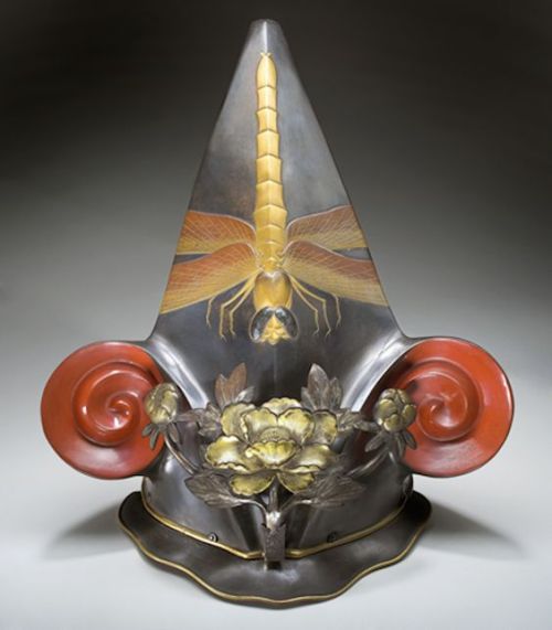 17th century Japanese helmet, made from iron, steel, lacquer, and silk