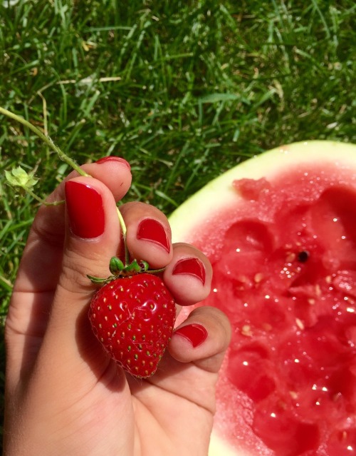 thriftedrose:I was eating my watermelon outside and noticed that my first ripe enough strawberry was