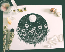 chrystasketchbook:  Just added this beauty to Society6! Not only can you buy a print but you can buy it as mug, a clock, a tote bag, or even a wall tapestry! It will bring magic into your home, trust me. Take a peek: http://society6.com/product/moonlit-po