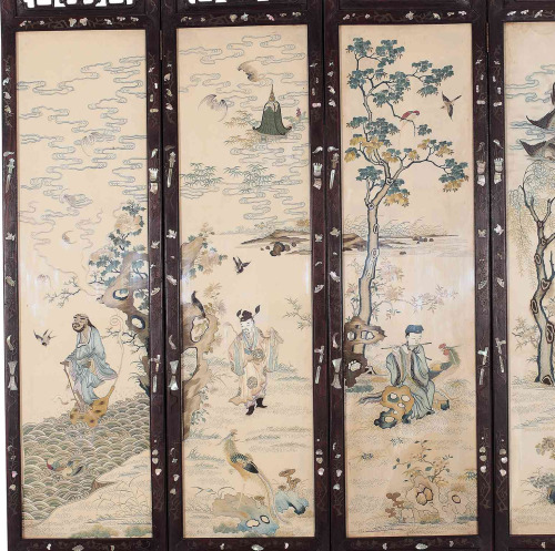 粤绣红木镶嵌螺钿银丝屏风 Folding screen, Guangdong style embroidery framed by wood with inlaid “mother of 