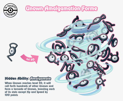 Unown Amalgamate Forme Type: Psychic
Base stats:
Hp - 48
Attack - 172
Defense - 148
Special Attack - 172
Special Defense - 148
Speed - 48
Base Stat Total - 736
Hidden Ability: Amalgamate - When Unown reaches level 50, they will call forth hundreds of...