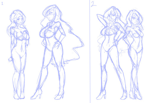 Just for fun, here are the two sketches I did for the commissioner of that last image, trying to figure out what kind of pose he wanted. Figured you all might like to see this tooNormally I post WIPs as a patron exclusive thing but here’s one for y’all