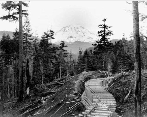 Flume construction showing Mount Rainier in background, 1903