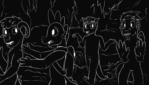  Spike’s Quest - Chapter 4 (page 49/50) What lied beyond the darkened tunnels was, to no one’s surprise, more darkness.  The four dragons made their way through very poorly lit caverns and tunnels in an attempt to find a way out.  A stray