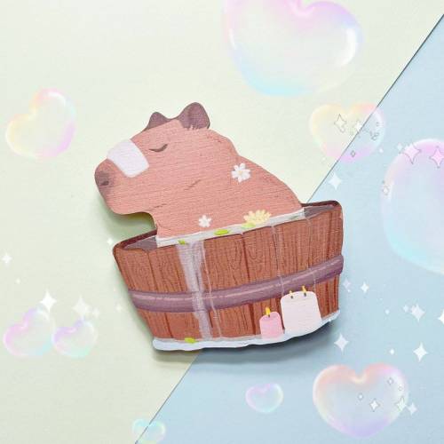 figdays:    Bathing Capybara Wooden Brooch Pin //   LittlePinkGoblin  