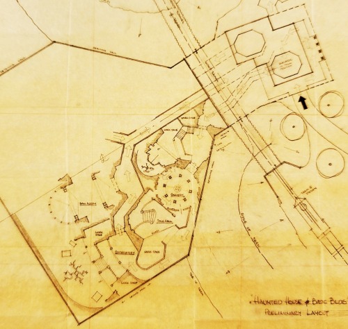 Some early layout plans and drawings for the Haunted Mansion idea in its early design stages.The fir