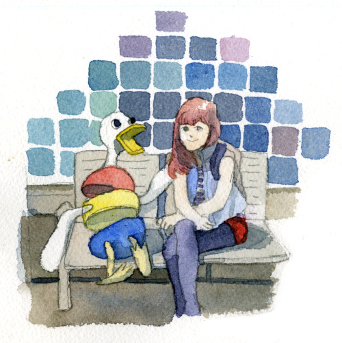 Self Portrait with Ducken from Monster Rancher 2.
Watercolor, 2013.