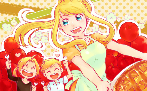 sokak:1girl, 2boys, ^ ^, alphonse elric, apple, apple pie, blonde hair, closed eyes, edward elric, f