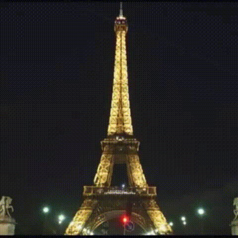 johnthemeowguy:  Eiffel Tower’s lights go out in memory of those killed in Paris shooting terror attacks.