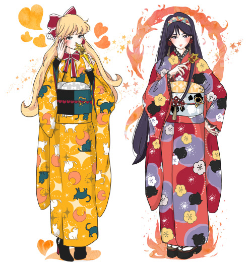 Furisode Sailor Senshi, art by Mzhbank. I am utterly in love with Jupiter and Venus’ whole out