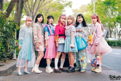 tokyo-fashion:  Japanese teens Ayane, Uchuuzin, Cheri, Riripon, Tipachan, Nana, and Suzune on the street in Harajuku wearing kawaii street styles sourced mostly from Tokyo vintage and resale shops. The girl on far left and far right are twins! Full Looks