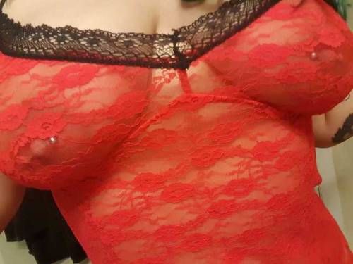 Red lace and nipple piercings