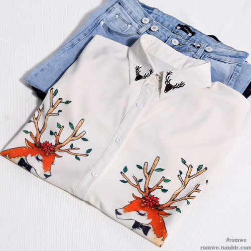 romwe:ROMWE Deer Print Short-sleeved White ShirtOnly $11.99 starts now!!!24 hours only.You will save