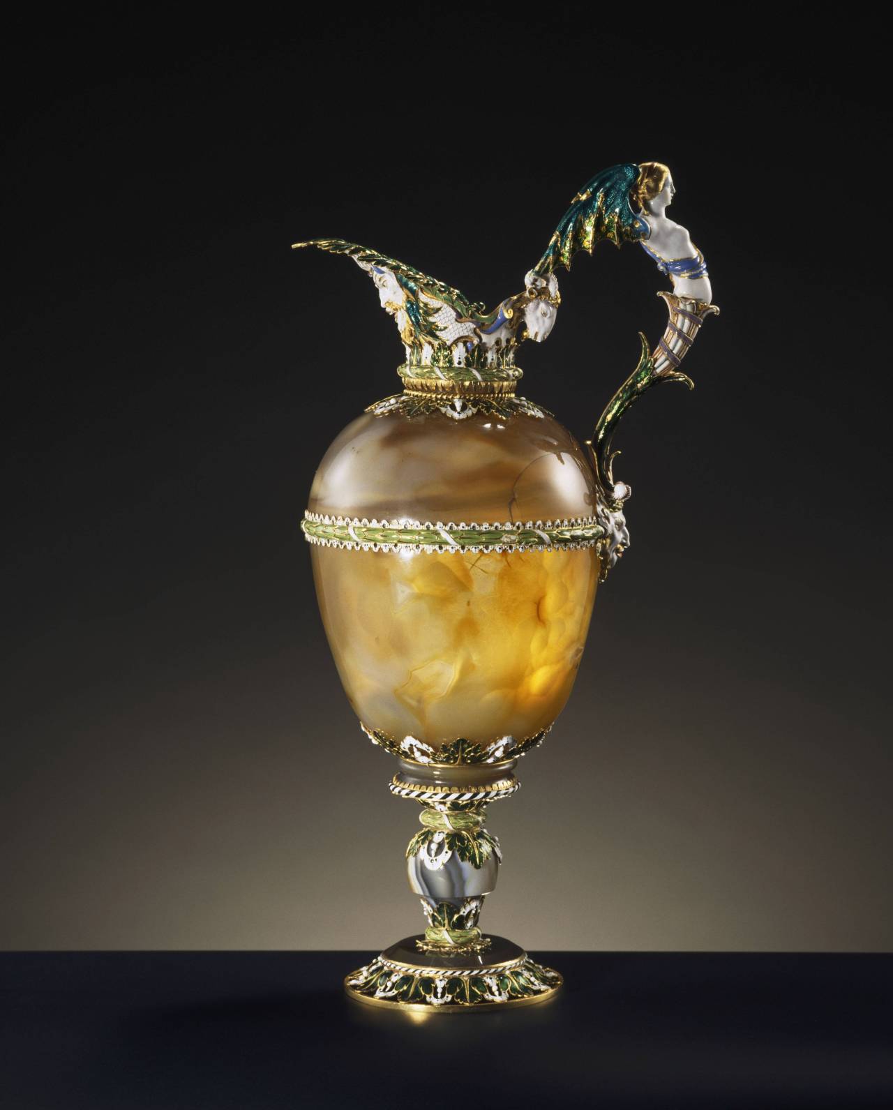 coolartefact:  Agate ewer. Paris, c. 1650. Enamelled gold mount. Entered the collection