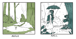 gearfish:For comics class we had to do a story in a very specific format, where each square panel represents a month in a story about the same characters in roughly the same space. So obviously, sad gay fairy romance