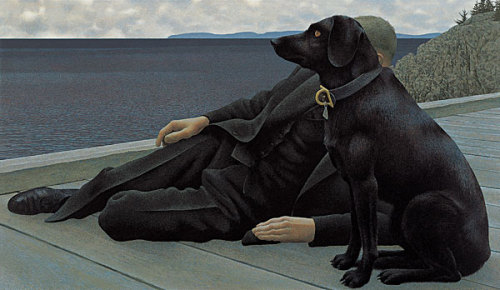 intangiblepetrifications:  David Alexander Colville (Canadian, b. 1920 - 2013)  Dog and Priest - Gla