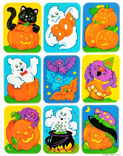 Pictured is a Halloween sticker sheet featuring iconic Halloween imagery, such as ghosts, jack-o-lanterns, a spider, bats, and a black cat.