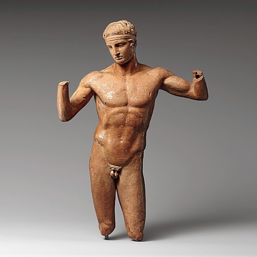 hismarmorealcalm:Terracotta statuette of the Diadoumenos (a Youth tying a fillet around his head)