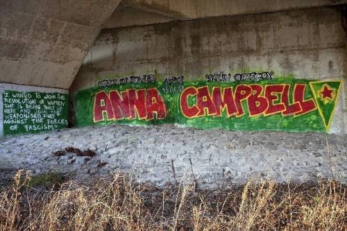 Memorial mural in Ghent for Anna Campbell, an anarcha-feminist from the UK who was killed while figh