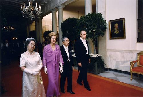 President Ford and Mrs. Ford meeting with Emperor Hirohito and Empress Nagako, 1975.