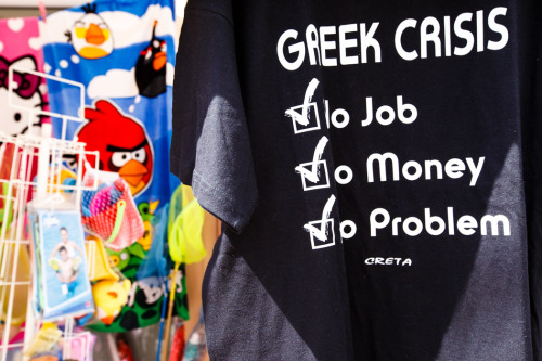 Greek crisis t-shirt on sale in Georgioupoli, Crete.