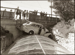 spicyhorror:  Car crash, early 1940s location unknown. 