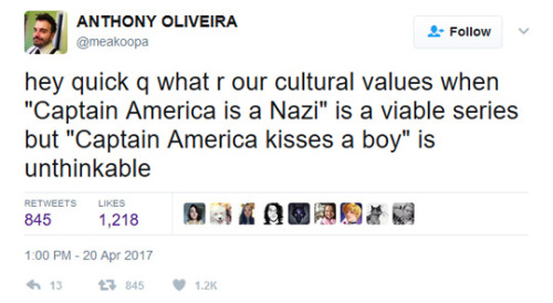 fandomsandfeminism: povandlulz: bottle-of-bucky: THIS Something tells me that if Cap kissed a boy th