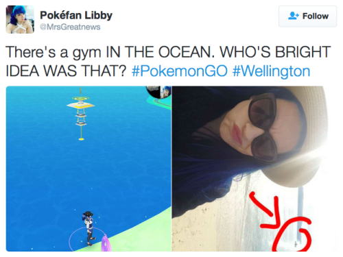 the-future-now:  Pokémon Go players are kayaking out into the ocean to claim a gym In Wellington, New Zealand, there’s a gym located by a  fountain. The problem? That fountain is in the middle of Wellington  Harbour. Not that that’s stopping some