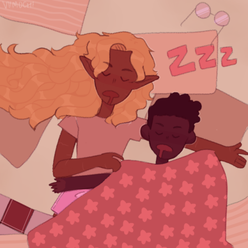 vimochii: zzz [image description: a drawing of Taako and Angus from above as they sleep on their bac