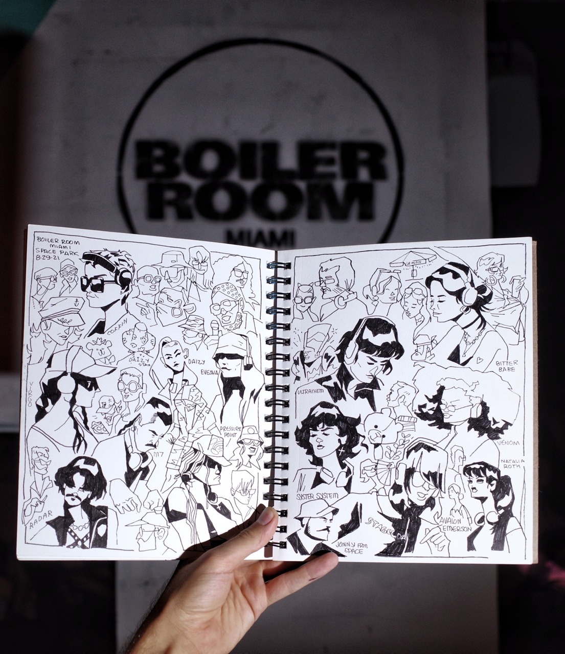 Boiler Room Miami illustrated by Brian Butler of Upperhandart as part of his larger @showdrawn series