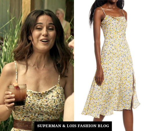  Who:Emmanuelle Chriqui as Lana Lang-CushingWhat: All in Favor Floral Cowl Neck Asymmetrical Dress -