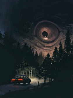 monthoffearart:  Kurt HugginsFor the “Things that Go Bump” challenge from Month of Fear 2014.“The Watcher, this comes from a feeling I tend to get while driving down moonlit rural roads.”