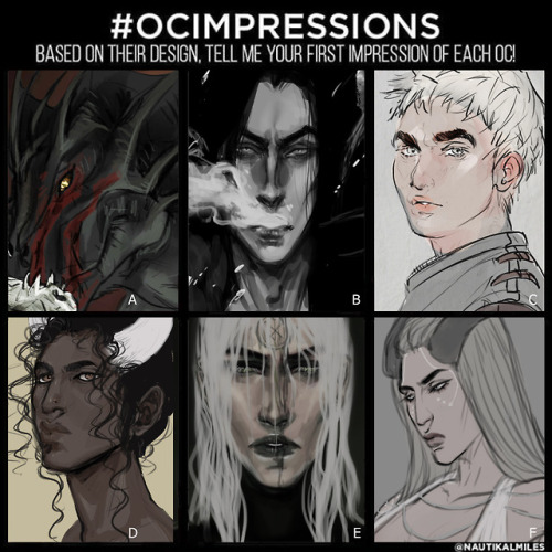 #OCImpressions because I can’t resist a meme. Based on their designs, tell me your first impressions of my characters (reblog/reply/im/etc)!