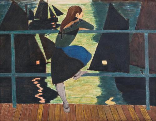 thusreluctant: Girl Leaning on a Railing, Facing the Port by Léon Spilliaert