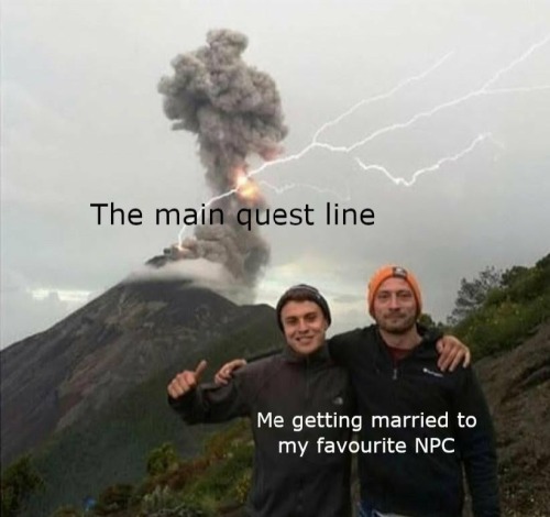 dndaddyissues:[Image ID: A smoking volcano in the background of a photo is labeled “the main quest l