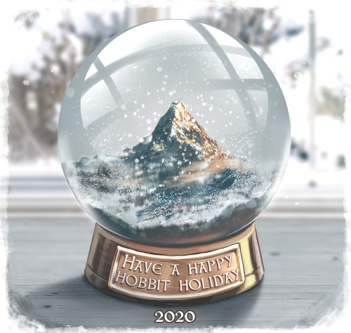 haveahappyhobbitholiday:[Image ID: An illustration of a snow globe with the Lonely Mountain inside, 