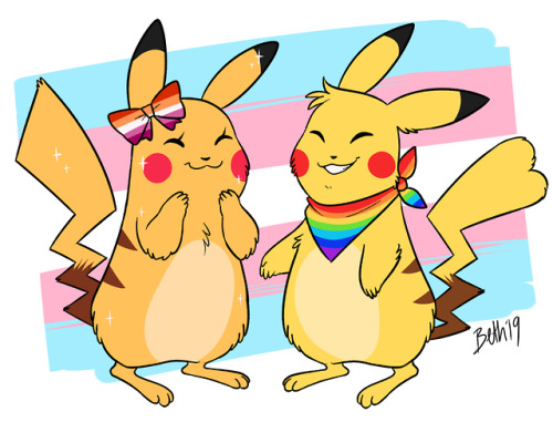 theweefreewomen: ratichu: kicking off pride this year with some proud pikas! [id: art of two Pikachu