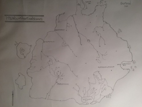 Map of the continent Holingustmaatsenylsovii (anagram of the villain is amongst you) done in pencil 