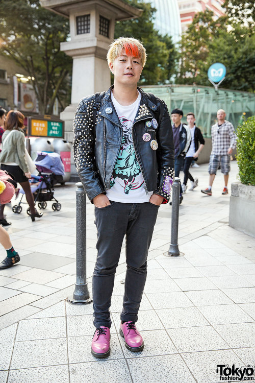 tokyo-fashion:  Japanese video director Toshitaka wearing a customized punk-meets-Akihabara leather biker jacket and pink Dr. Martens on the street in Harajuku. Full Look