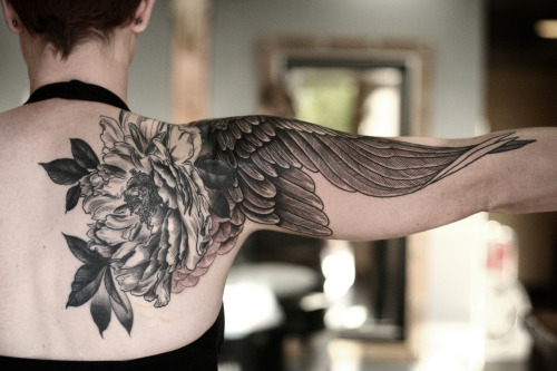 Blackwork peony and wing, by Sean Wright