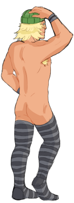 lostmymoral:Playing pokemon moon again and only now realised that the hiker wears stripy socks??!! So here he is showing off his best assets!