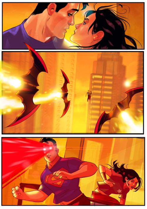 hellyeahsupermanandwonderwoman:  Once again the amazing art of Stephen Byrne.We adore these looks he did for the Trinity and the sequential art here is amazing. Send him some love! Clark and Diana are so beautifully drawn and what a kiss!!! Bruce, jeeze,