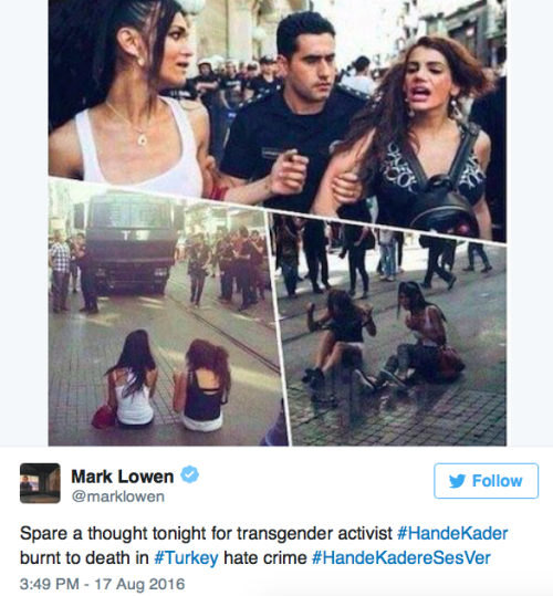 suckerpunchbrunch:  micdotcom:  Trans rights activist Hande Kader was raped and burned to death in Turkey In Turkey, the LGBTQ community is mourning the loss of transgender rights activist and sex worker Hande Kader. Kader’s body was found raped and