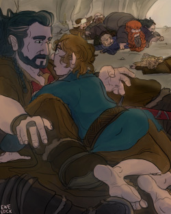 ewelock:    forkeye answered:  Bilbo and some of the dwarves (including Thorin) kinda fell into a heap and Thorn &amp; Bilb end up pressed (un)comfortably against each other?:)    I liked this prompt and ended up drawing them in their Laketown outfits