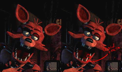 I tried to brighten it up some to make it more visible– but thanks to TV Tropes, I noticed that Foxy has two golden teeth on his left lower jawline. I can’t quite make out if there’s any more, but these two specifically seem to be solid