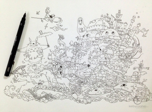 kerbyrosanes: Hayao Miyazaki Doodle Tribute - 16 x 11 inches - Uni Pin Fine Liners on paper- Ap